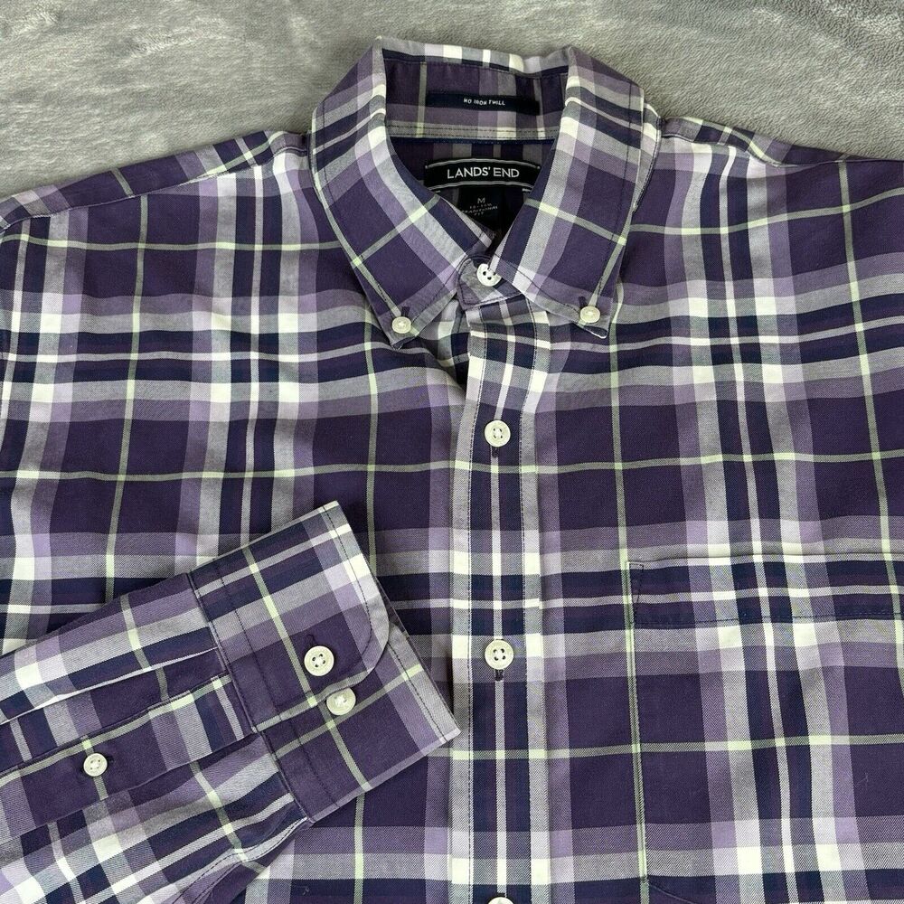 Lands End Button Down Shirt Mens‎ M 15-15.5 Purple White Plaid Traditional Fit